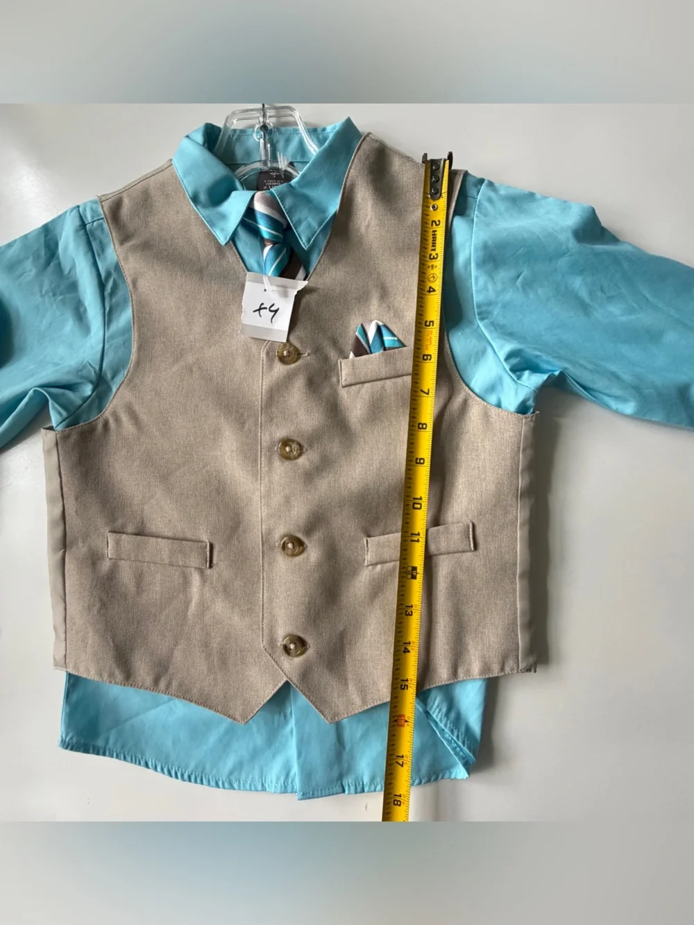 Dockers Boys 4 Piece Suit Set, Pants/Shirt/Vest/Tie Aqua, Grey‎ - 7